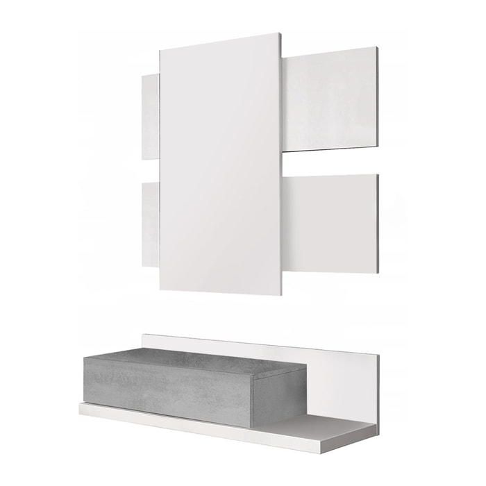 Mobile da ingresso Erie, Entratina sospesa con specchio, Mobile con cassetto per entrata, cm 75x29h90, Bianco e Cemento