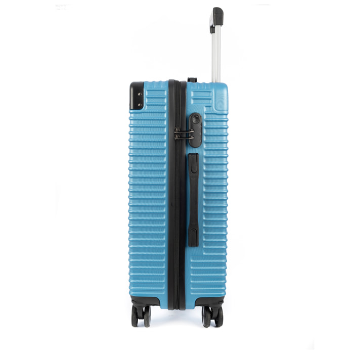 DAM Juego de 3 maletas Trolley, en material ligero ABS de alta resistencia con esquinas reforzadas. Cerradura numérica y 4 ruedas dobles extraíbles y giratorias 360°. 54x32x80 Cm. Color: Azul Vaquero