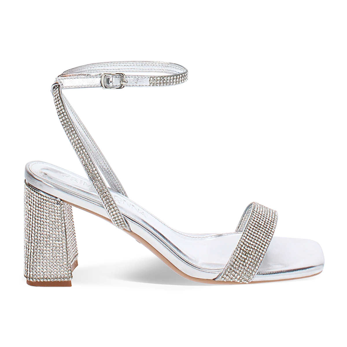 Sandalo donna argento luminoso, tacco gioiello 7,5 cm