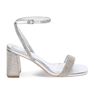 Sandalo donna argento luminoso, tacco gioiello 7,5 cm