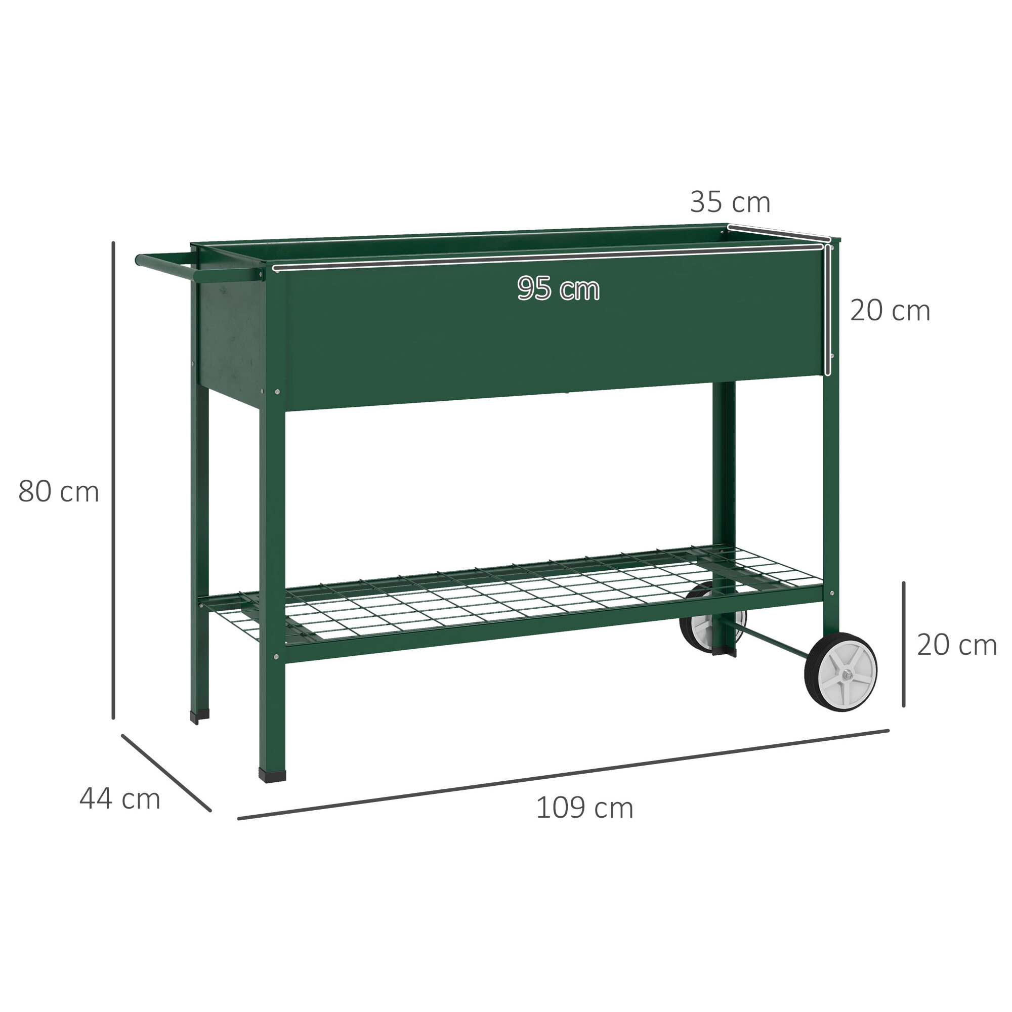 Mesa de Cultivo 109x44x80 cm Huerto Urbano Elevado con 2 Ruedas Estante y Asa para Cultivo Plantas Flores Verduras Verde