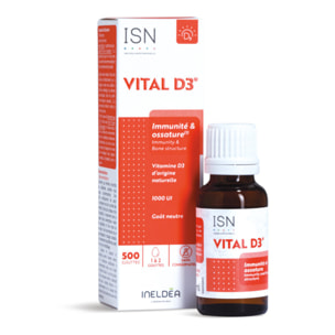 ISN - Vital D3 - 1000 UI - Complément Alimentaire riche en Vitamine D3 - Origine 100% Naturelle - Capital Osseux & Soutien de l'Immunité - Goût Neutre - Flacon Compte-gouttes 20ml