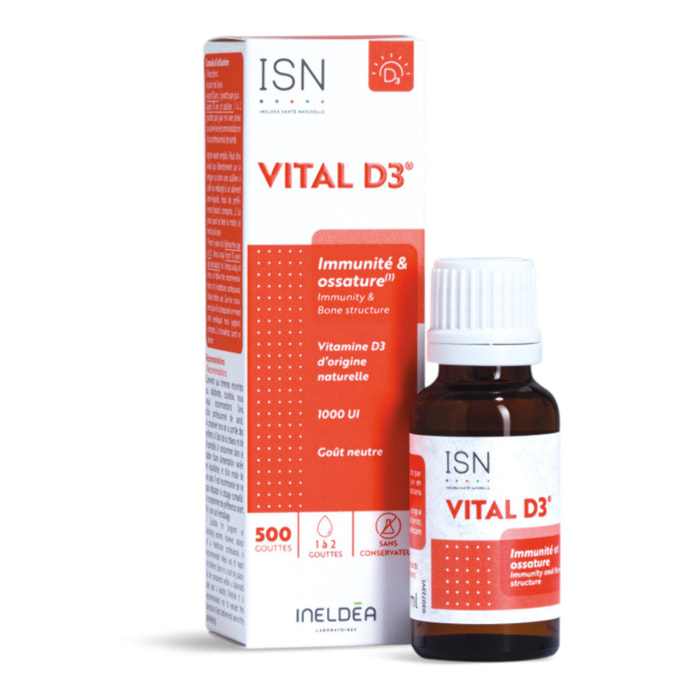 ISN - Vital D3 - 1000 UI - Complément Alimentaire riche en Vitamine D3 - Origine 100% Naturelle - Capital Osseux & Soutien de l'Immunité - Goût Neutre - Flacon Compte-gouttes 20ml