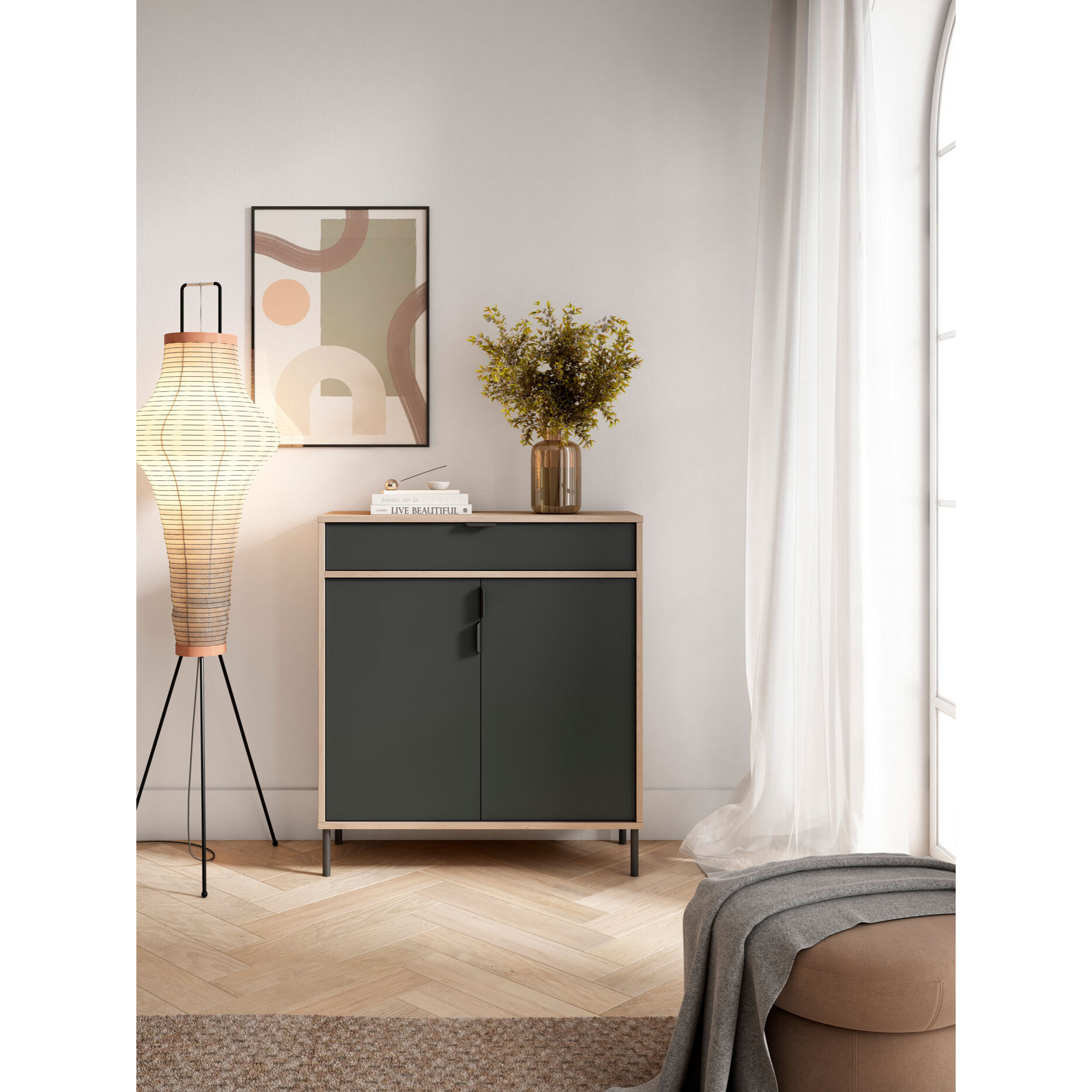 Zapatero Alice melamina roble claro puertas grafito 89x80x29 cm