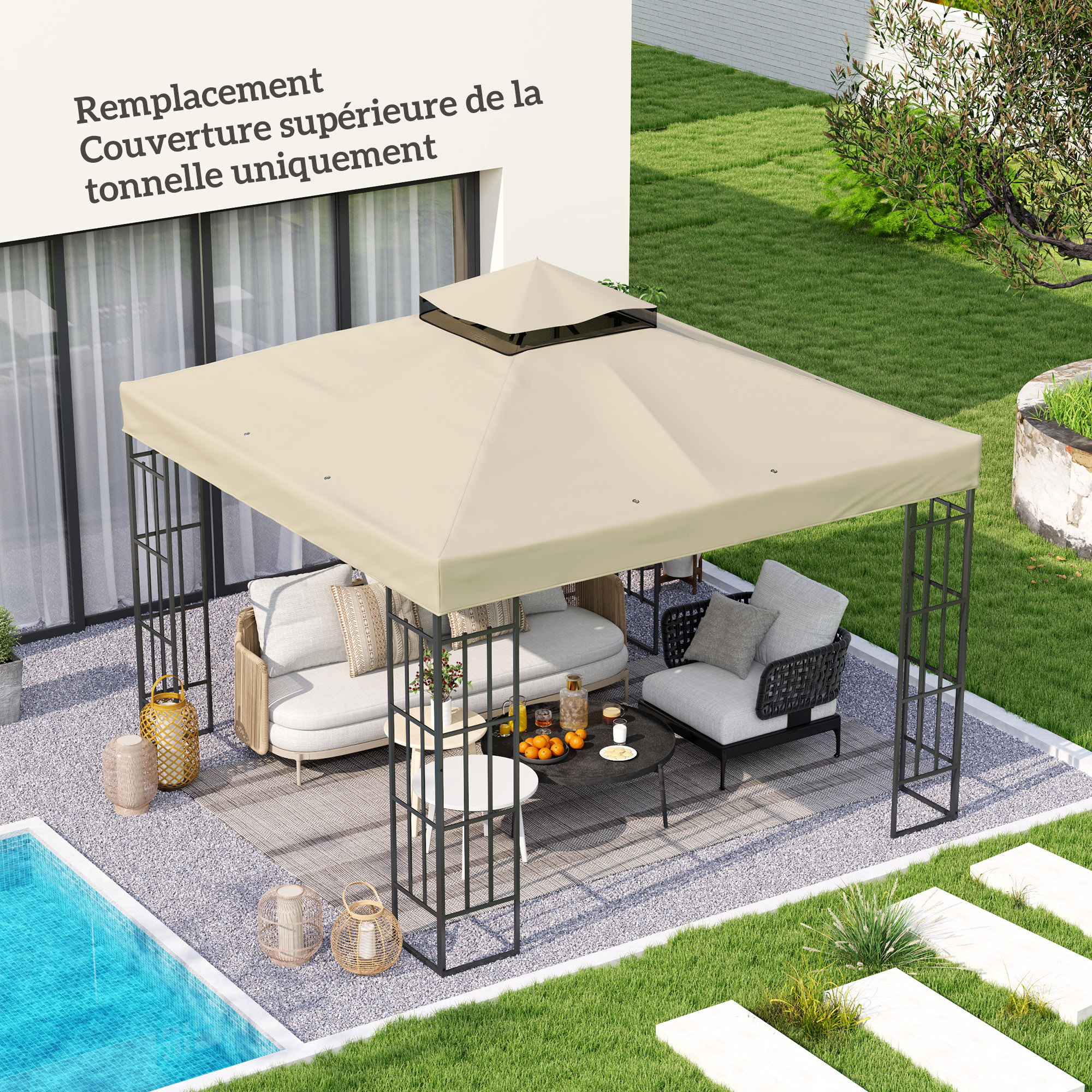 Toile de rechange barnum tonnelle 3 x 3 m - toit double avec œillets drainage - polyester haute densité 370 g/m² beige