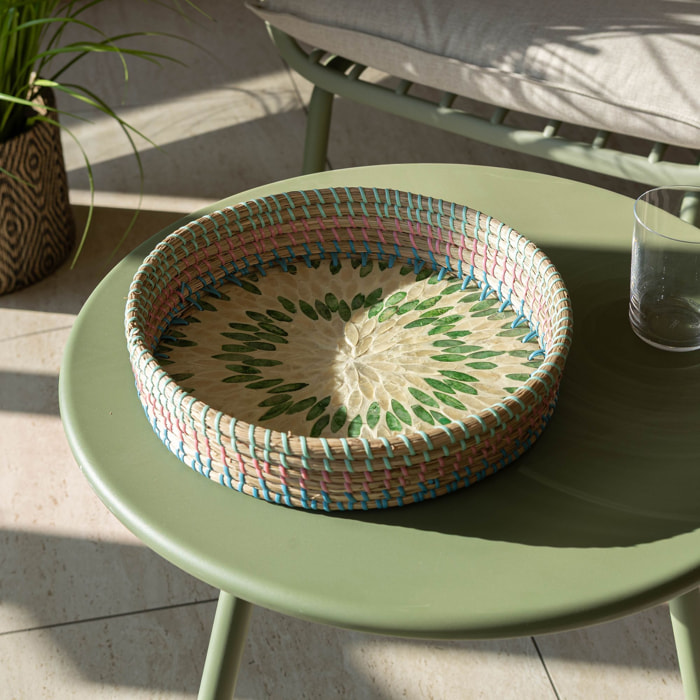 Plateau rond en jonc de mer et coquillages 33cm PAROS