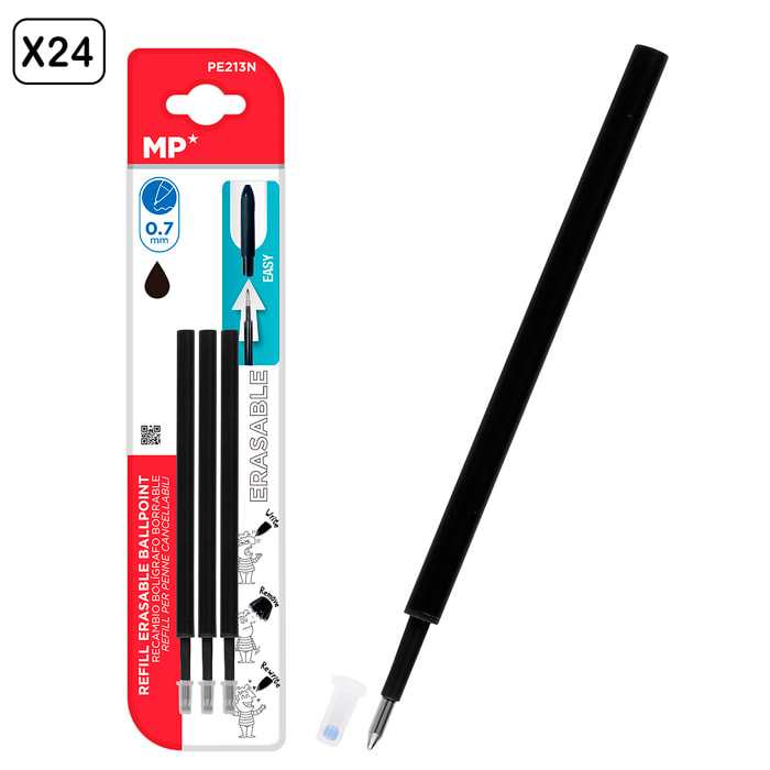 24 PACKS RECAMBIO PARA BOLÍGRAFO BORRABLE NEGRO 3 Uds.