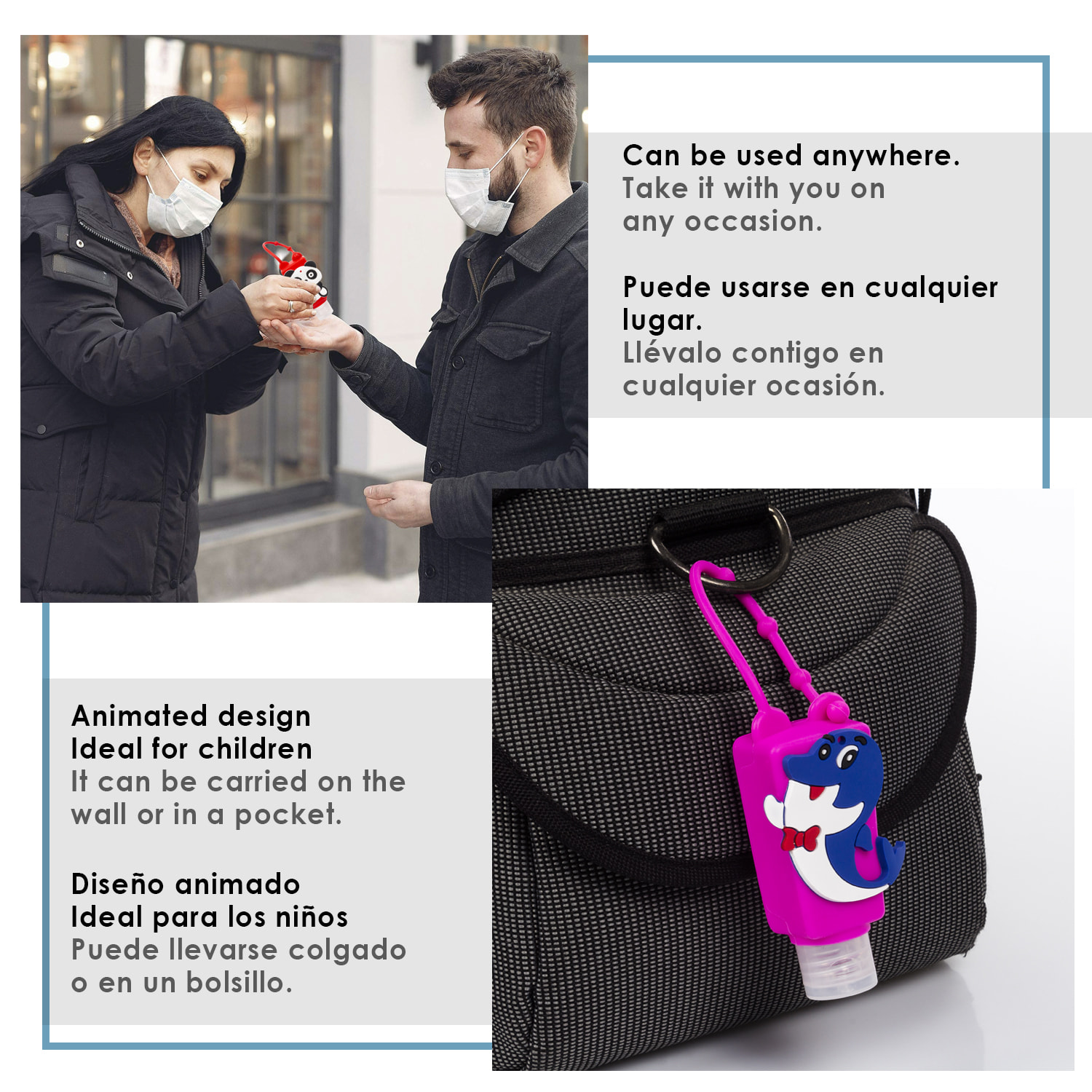 Portachiavi Bottiglia disinfettante per le mani alcol ricaricabile 30ml. Design pastello.