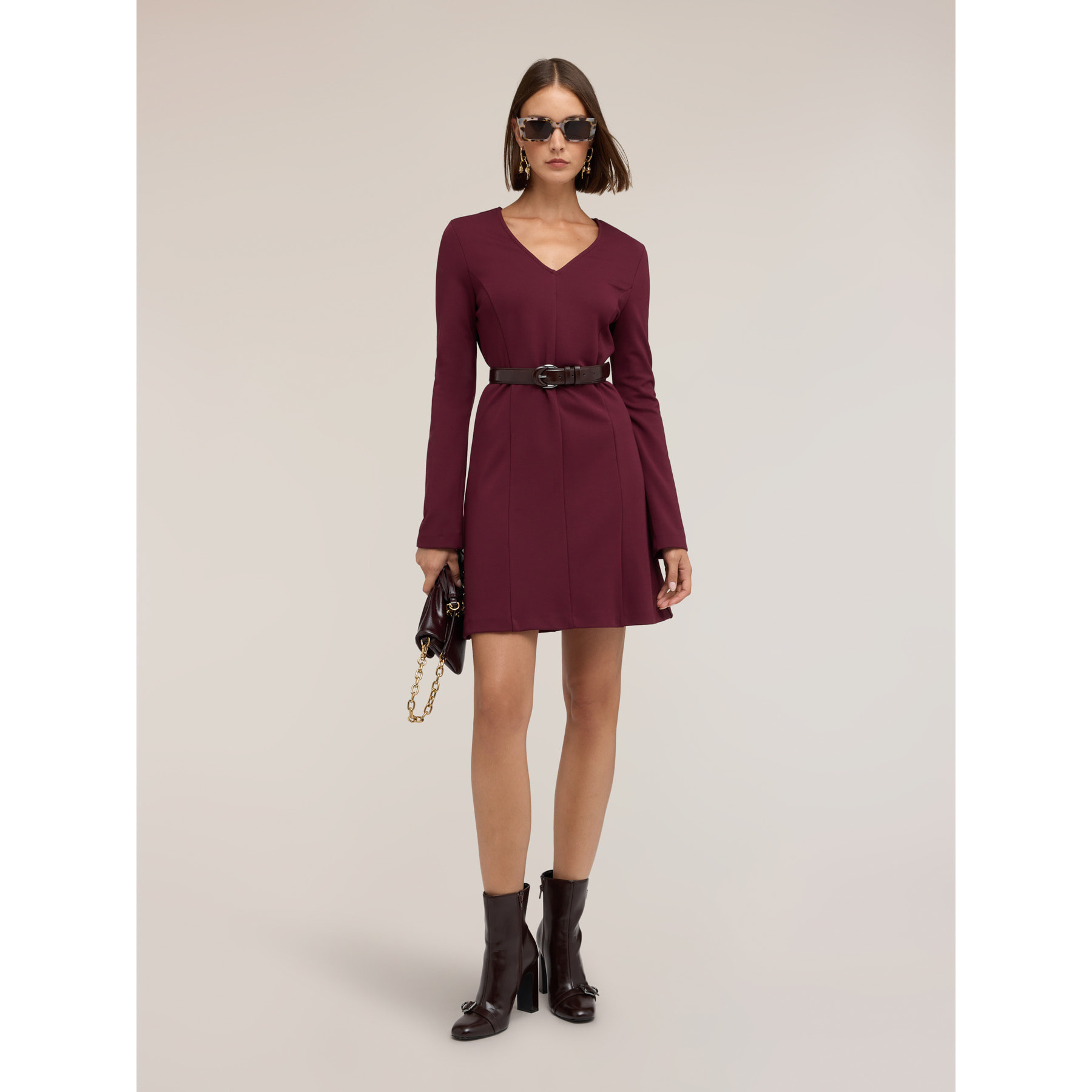 Motivi - Vestido evasé en punto Milano - Burgundy