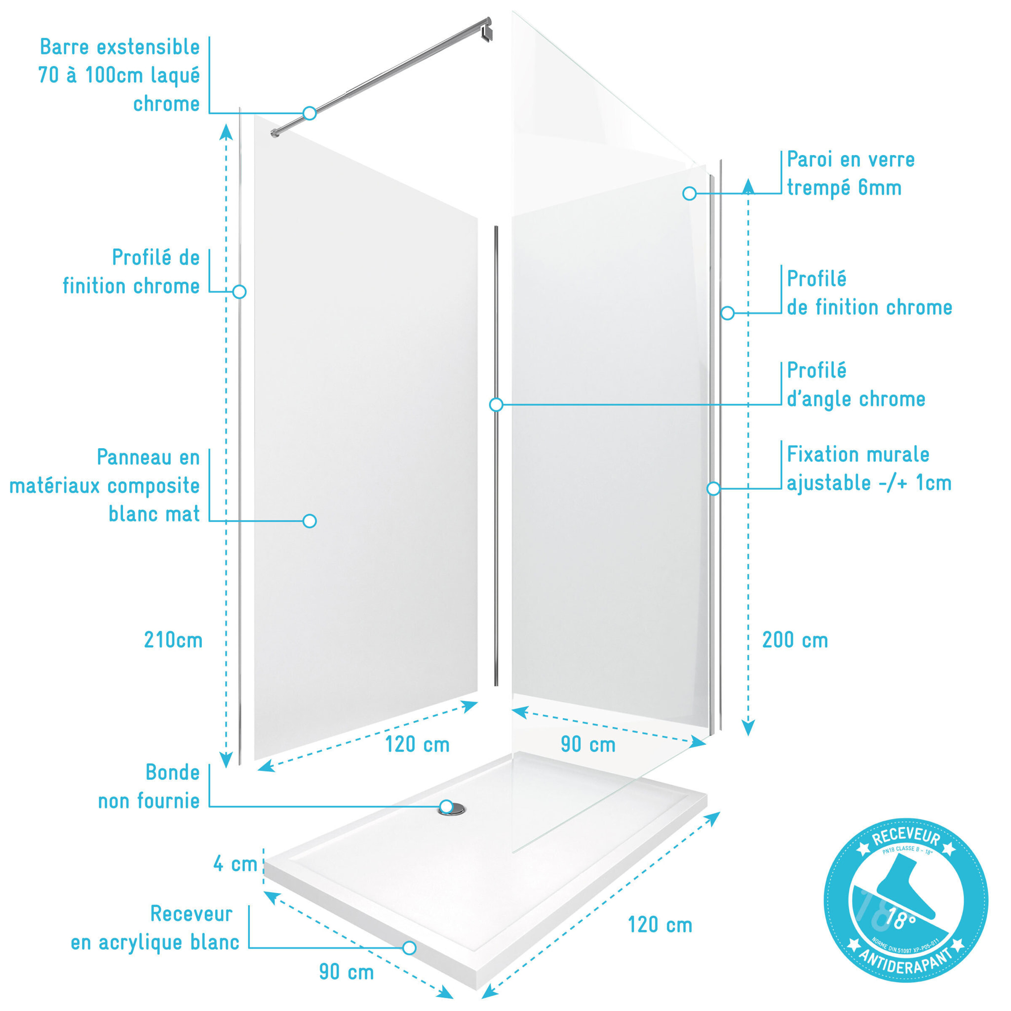 Pack douche à l'Italienne 90x120 - Kit Panneaux muraux Blanc/Chrome + receveur + Paroi 6 mm