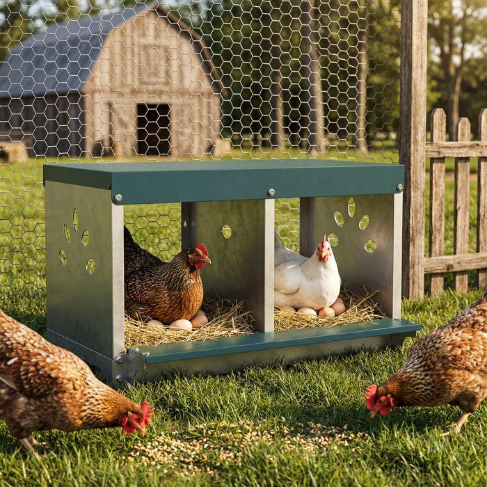 Ponedero para Gallinas de Acero Galvanizado con 2 Huecos, Caja Nido para 2 Gallinas con Techo Impermeable y Ventilación, para Recoger los Huevos más Limpios, Plateado y Verde