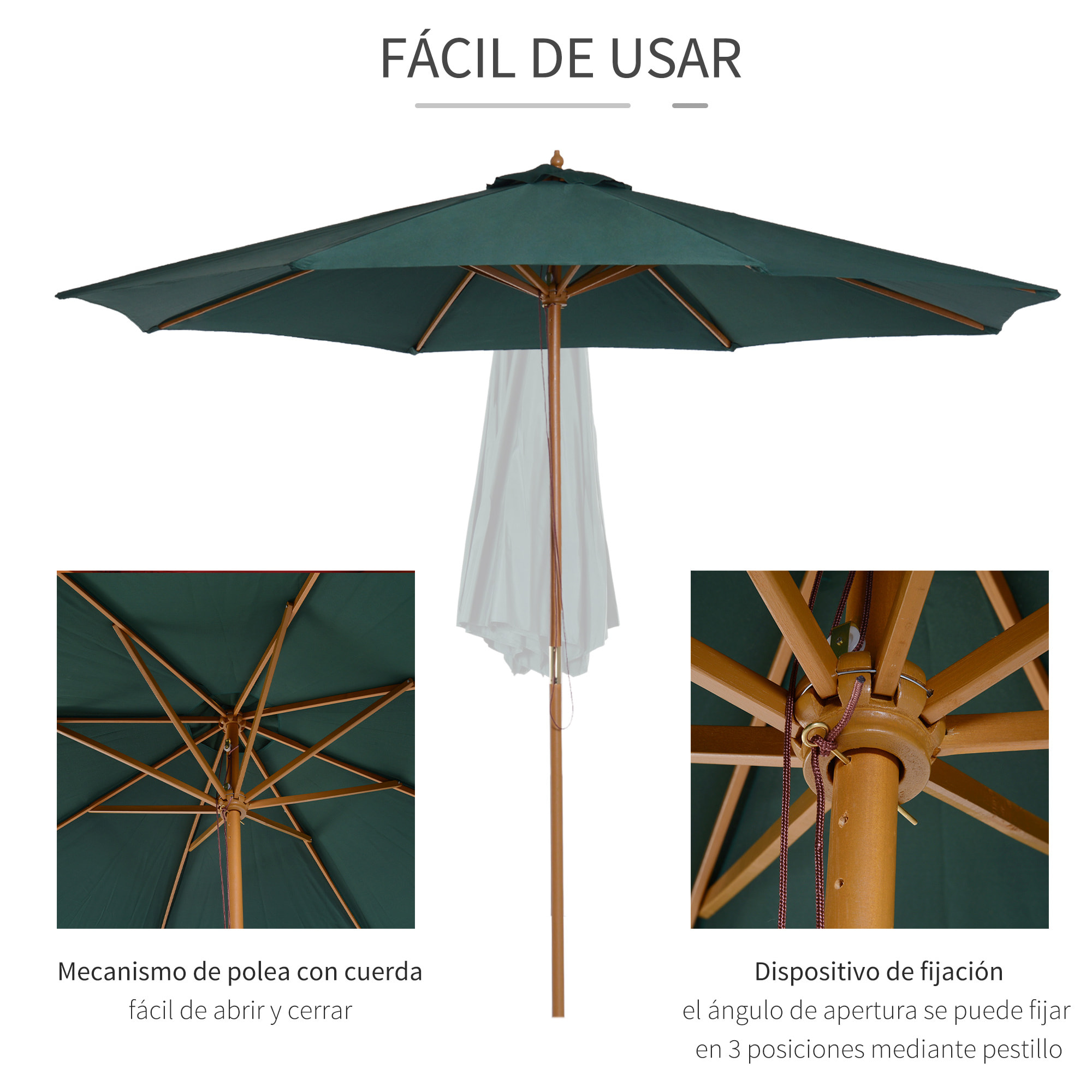 Sombrilla para Playa de Poliéster Madera 2,45x3m Verde