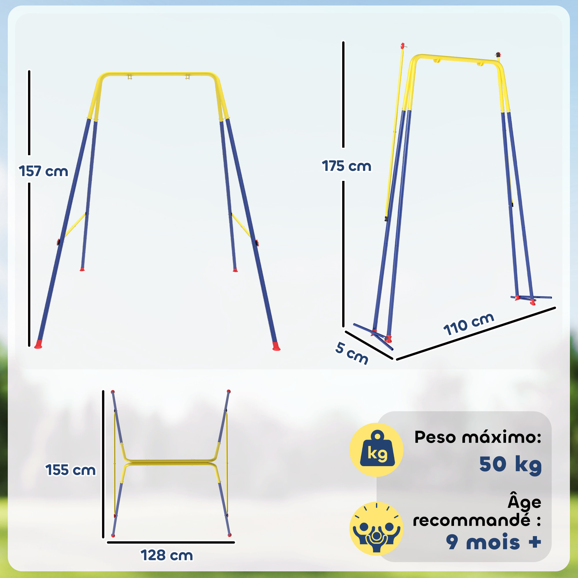 Estructura de Columpio Infantil Plegable, Estructura Metálica para 1 Columpio, con 2 Ganchos, 4 Estacas, Resistente para 50 kg, Forma A, para Interior y Exterior, 128x155x157 cm, Azul