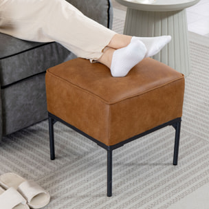 Reposapiés Salón, Taburete Bajo Tapizado en PU con Patas de Acero, Acolchado Grueso, Estilo Moderno, Otomana para Dormitorio, Sofá, Marrón