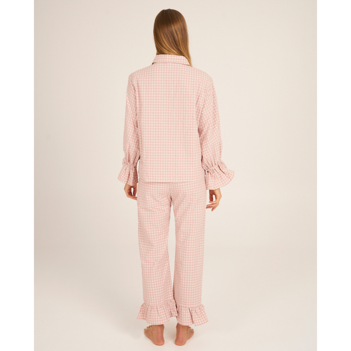 Camiseta de pijama de mujer abotonada de cuadros vichy