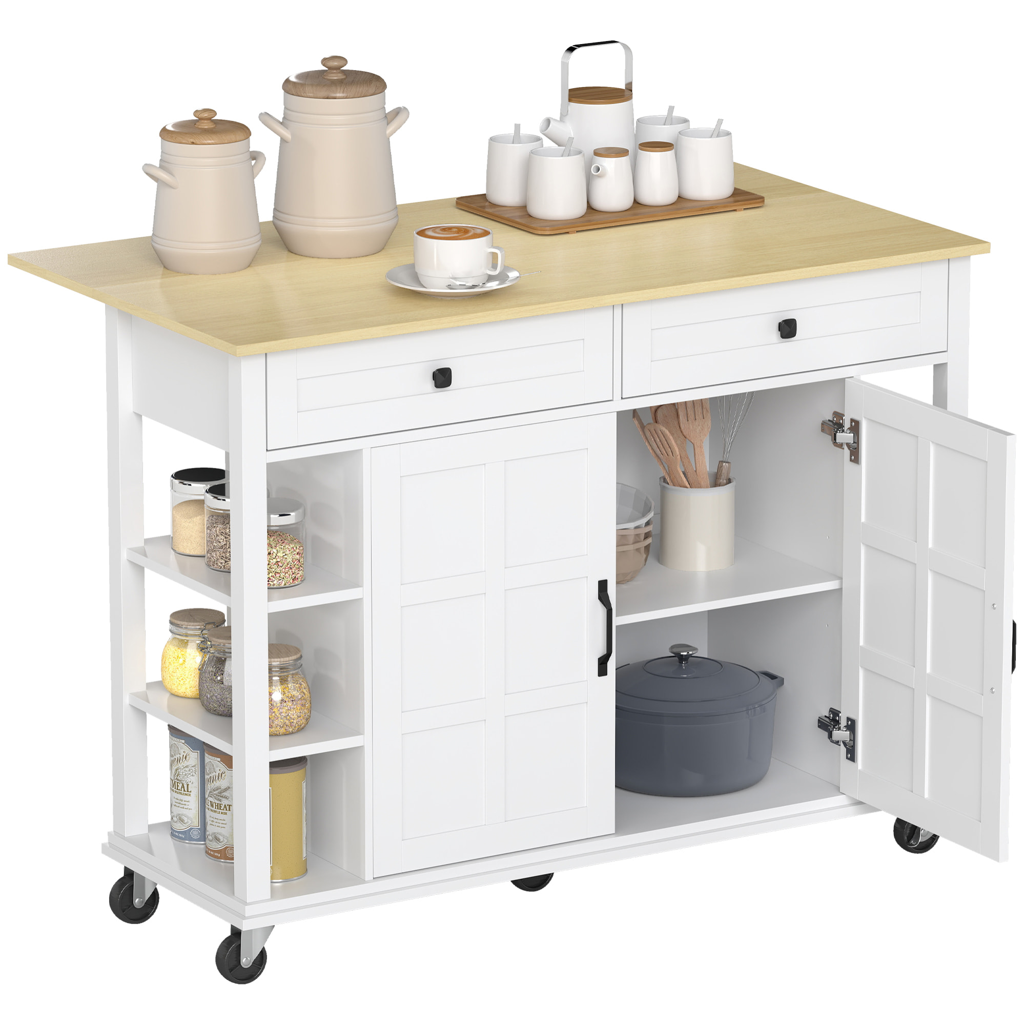 Isla de Cocina con Ruedas, Encimera Plegable, Carro de Cocina con 2 Puertas con Cierre Suave, 2 Cajones, 6 Estantes Abiertos, Blanco