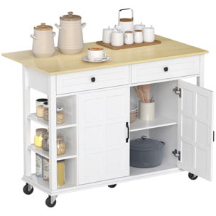 Isla de Cocina con Ruedas, Encimera Plegable, Carro de Cocina con 2 Puertas con Cierre Suave, 2 Cajones, 6 Estantes Abiertos, Blanco