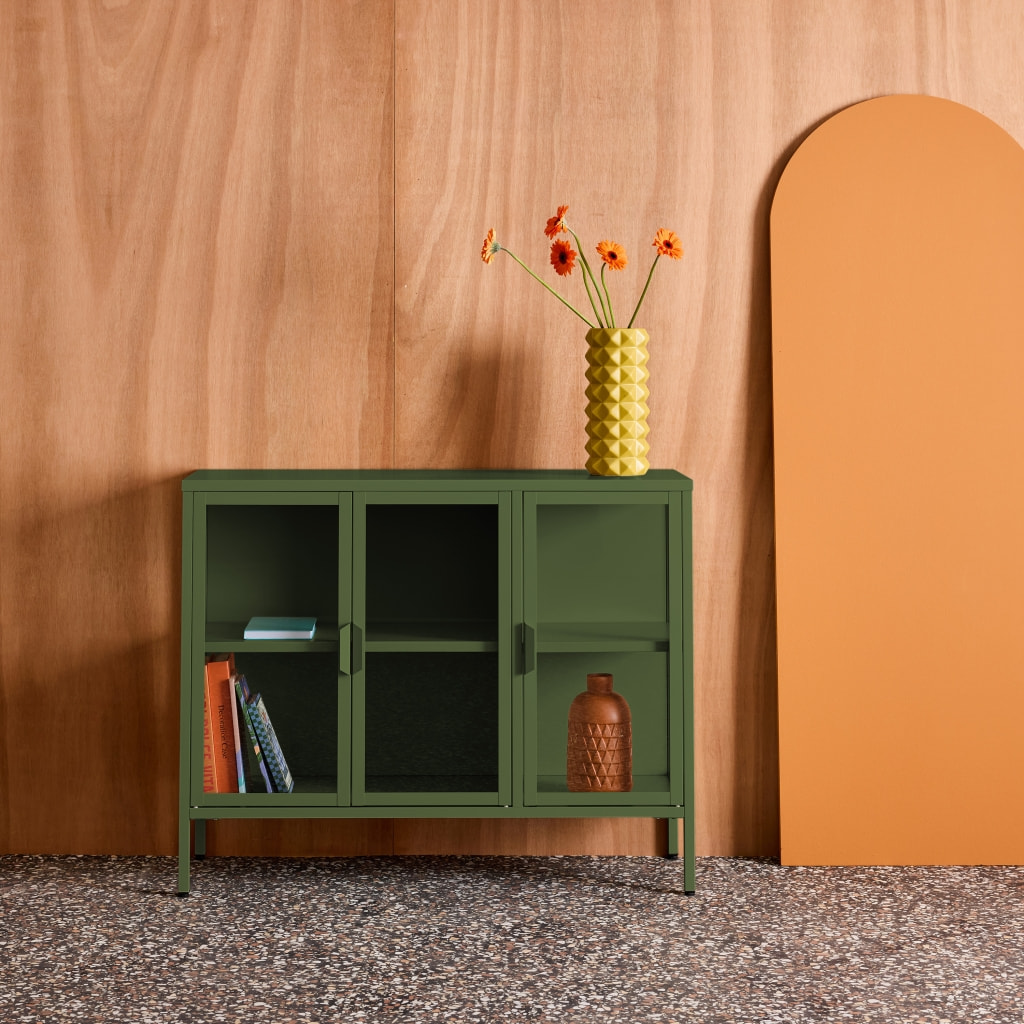 Buffet industriel métal et verre trempé 3 portes 100cm ARKANSAS