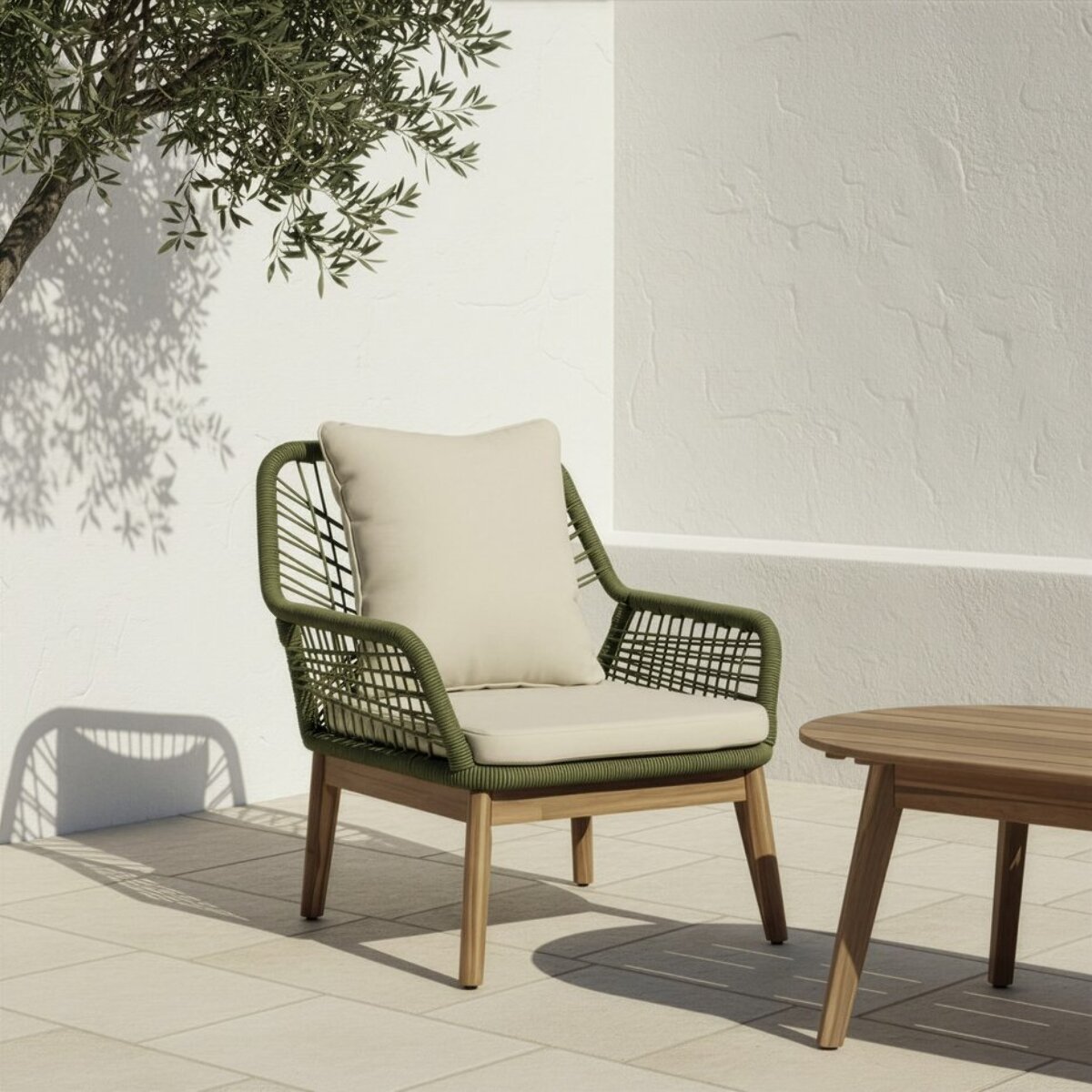 Ensemble de canapé, fauteuil et chaise de jardin Kairo -bois massif dacacia, corde et revêtement-couleur naturel 0 x 0 x 0 cm