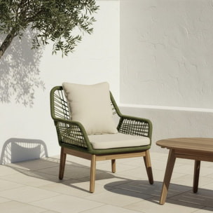 Ensemble de canapé, fauteuil et chaise de jardin Kairo -bois massif dacacia, corde et revêtement-couleur naturel 0 x 0 x 0 cm