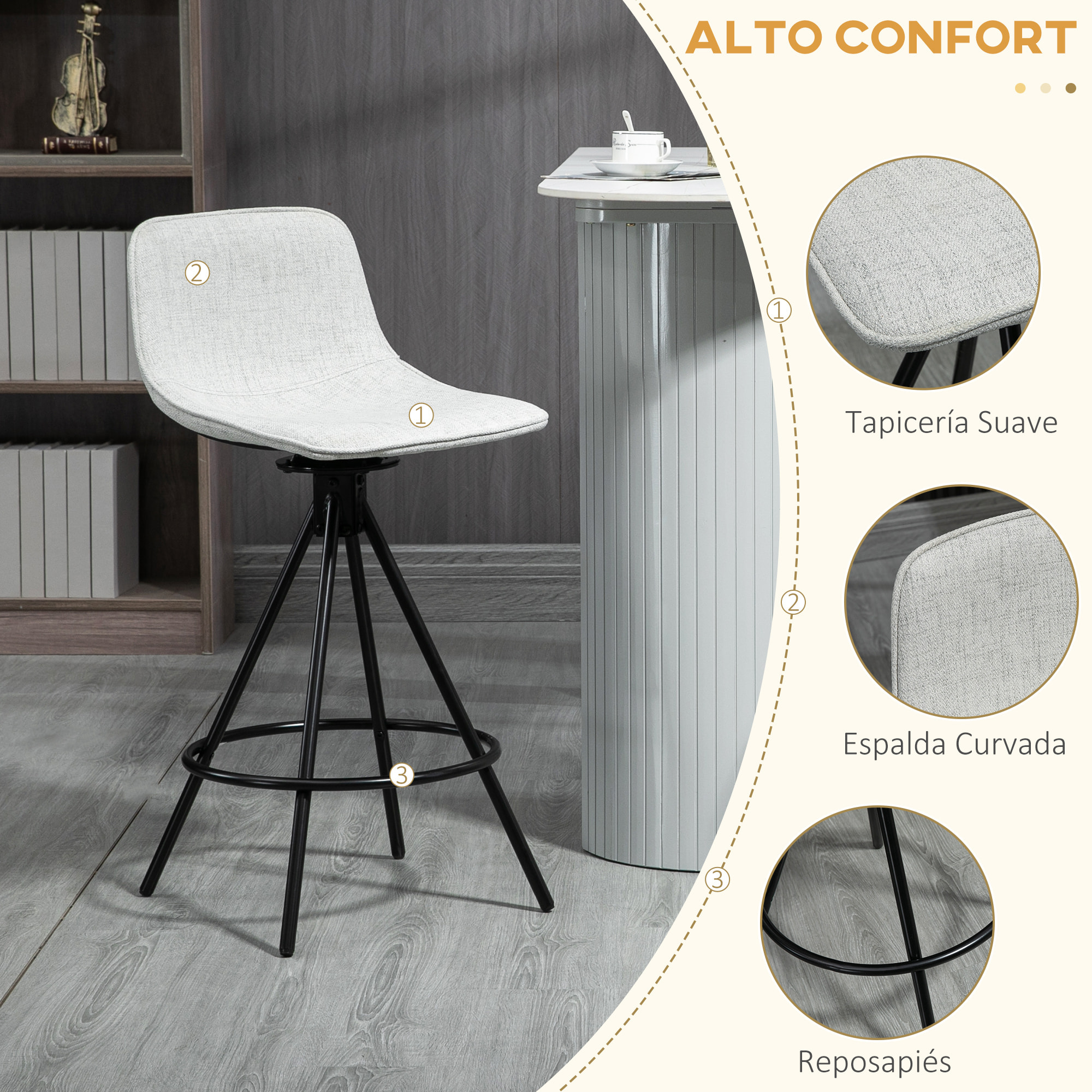 Juego de 2 Taburetes Altos de Cocina con Asiento Giratorio Taburetes de Bar Tapizada en Tacto de Lino con Respaldo y Patas de Acero para Comedor 41,5x47,5x90 cm Gris Claro