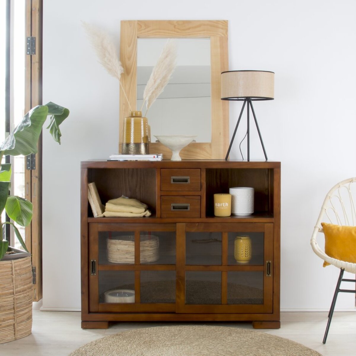 Buffet Kenia -bois massif de mindi et placage naturel de mindi-couleur teck 110 x 94 x 35 cm