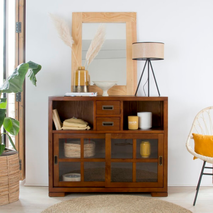 Buffet Kenia -bois massif de mindi et placage naturel de mindi-couleur teck 110 x 94 x 35 cm