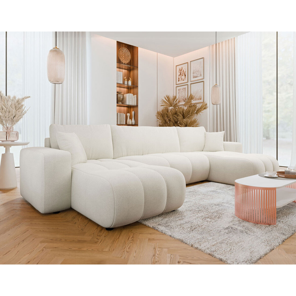 Nicole - Canapé panoramique en U 7 places convertible avec coffre en tissu - Beige