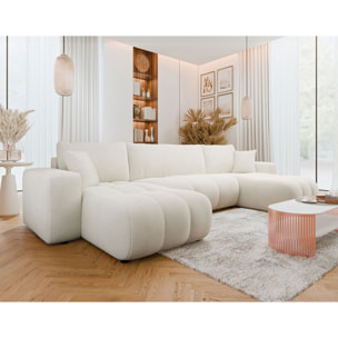 Nicole - Canapé panoramique en U 7 places convertible avec coffre en tissu - Beige