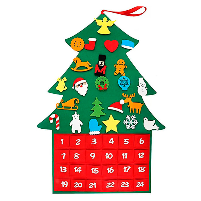 Calendario de adviento con diseño de árbol de navidad de felpa con adornos para colgar. 92 cm.