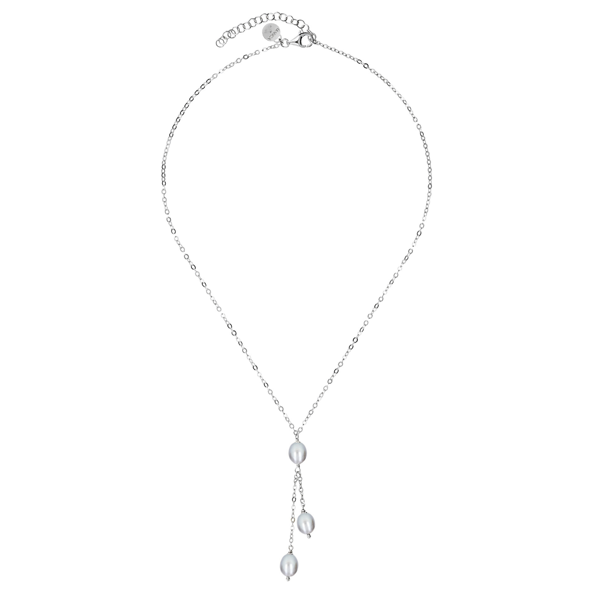 PERLAVIVA - Collana a Cravatta Multifilo Catena Rolo in Argento 925 placcato Rodio con Perle d'Acqua Dolce Grigie Ø 7/8 mm