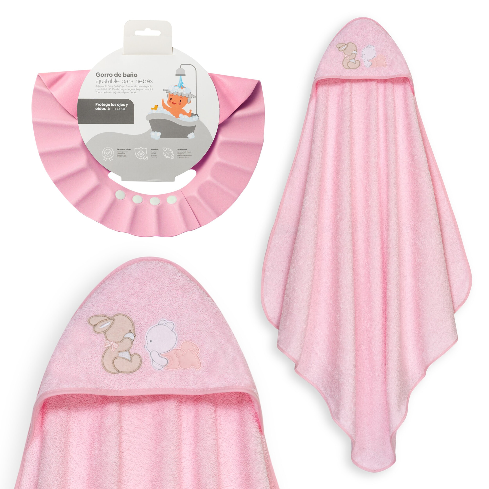 Capa Baño 1X1 Mod Oso Tumbado Conejito+Gorro Rosa