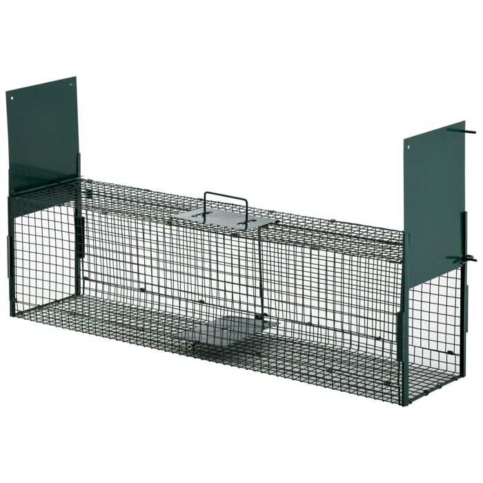 Piège de capture pour petits animaux type lapin rat - 2 entrées + poignée - dim. 100L x 25l x 28H cm - métal vert