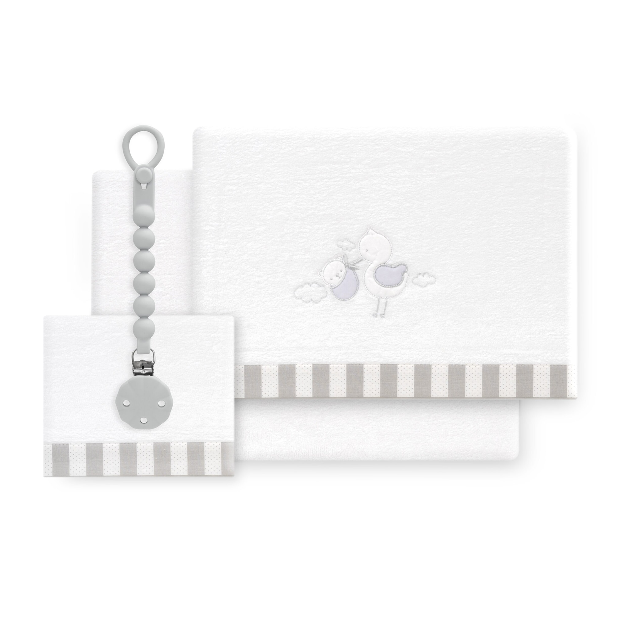 Triptico Cuna Coralina Cigueña Oso + Broche Bco/Gris