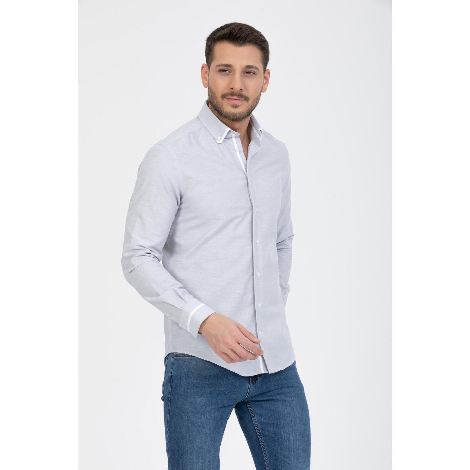 Camicia Uomo 1 Bottoni Button Down Slim Armaturato Fantasia Grigio Scuro/Bianco