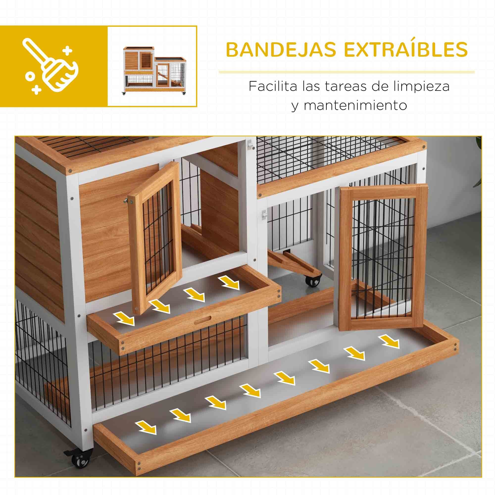 Conejera de Madera de 2 Niveles Jaula para Conejos con Ruedas Puertas Zona Abierta Rampa y 2 Bandejas Extraíbles Conejera para Interior 110x50x88 cm Natural y Blanco