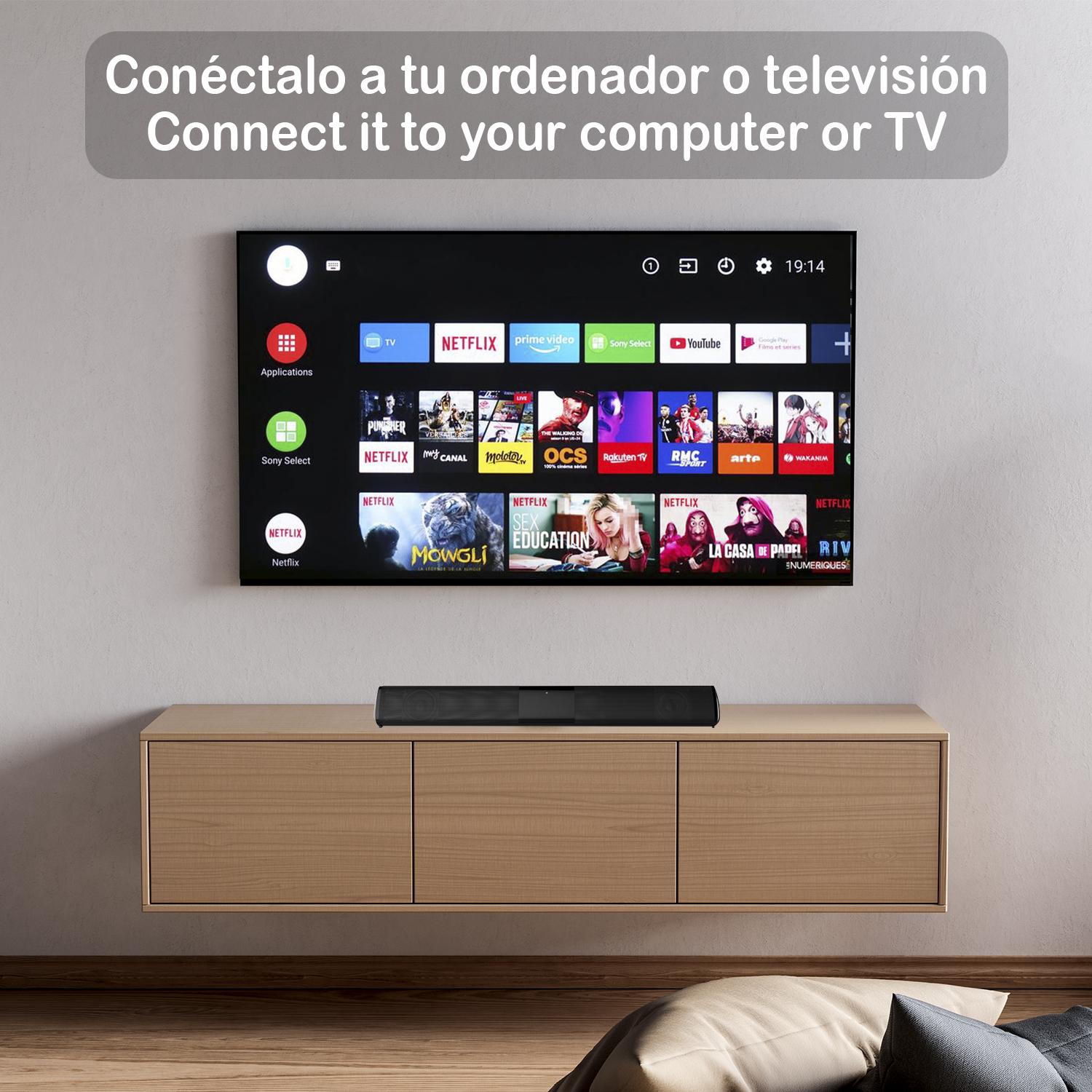 Soundbar 2.0 T90 Bluetooth 5.0. Ingresso RCA, ausiliario, Micro SD e radio FM. Batteria incorporata da 1800 mAh.