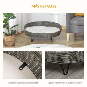 Cama para Perros Gatos de Mimbre Cesta Ratán para Mascotas Medianas Pequeñas con Cojín Lavable y Patas Elevadas de Acero 76x59x32 cm Gris y Blanco