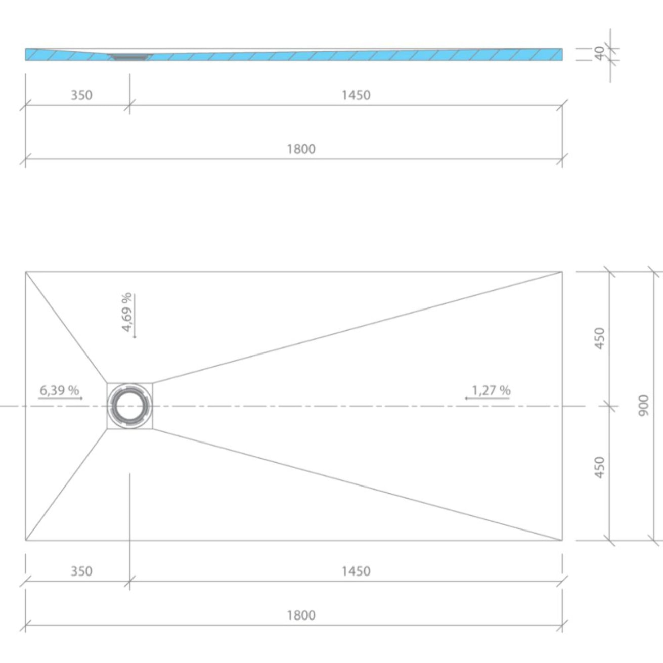 Receveur de douche à carreler 180 x 90 WEDI Fundo Primo rectangle écoulement excentré + bonde horizontale + kit d'étanchéité