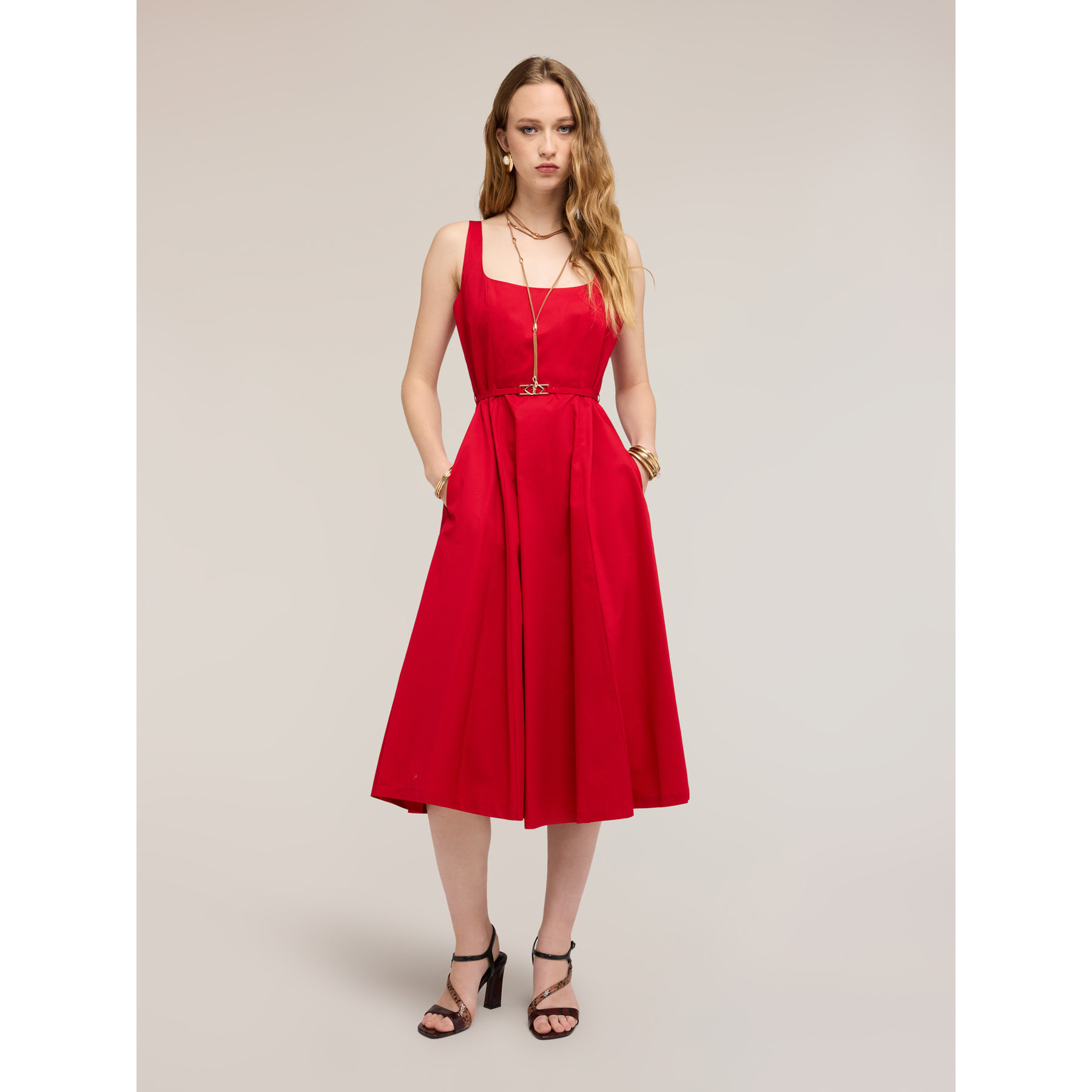 Motivi - Vestito flare in popeline con cintura - Rosso