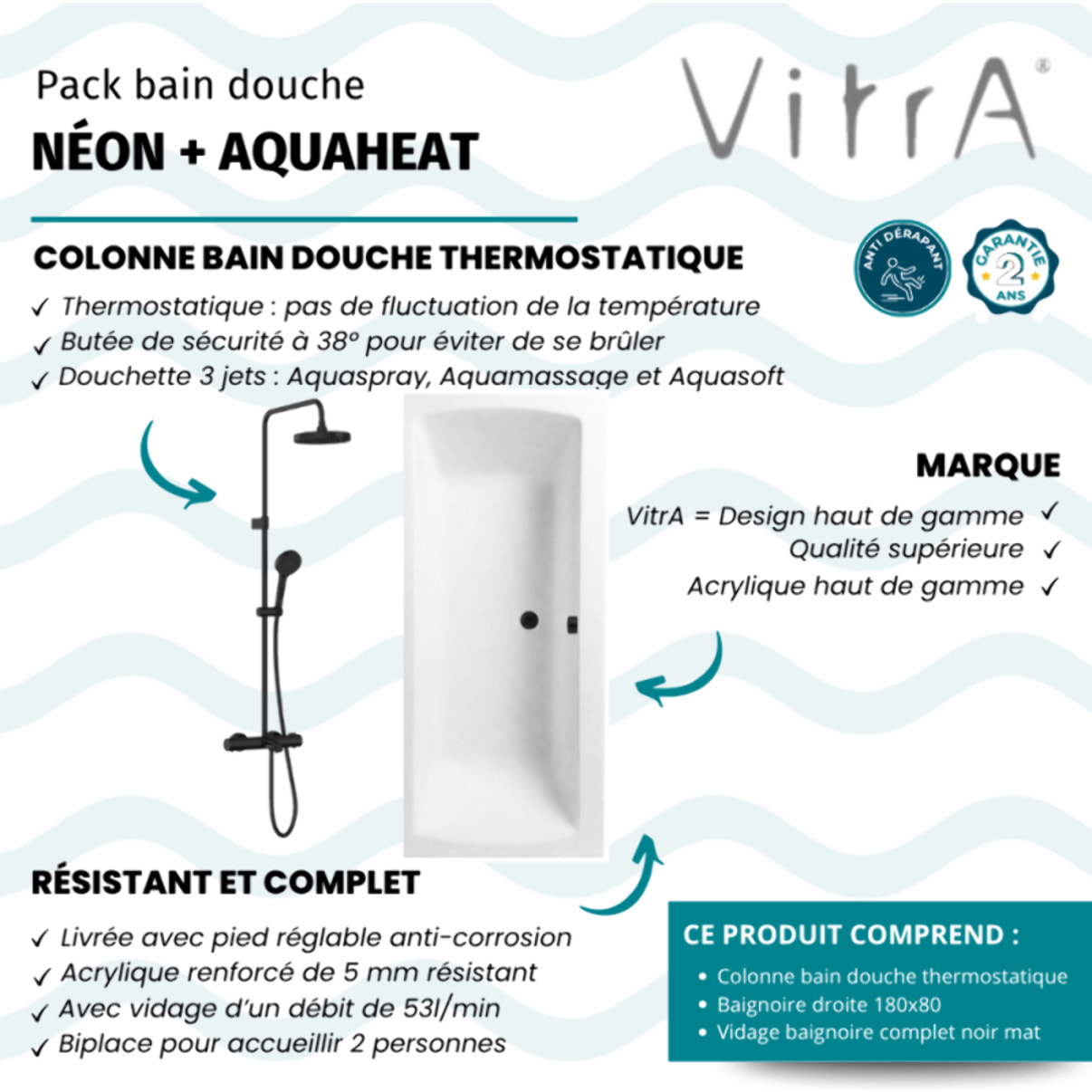Baignoire droite 180x80cm avec pieds Neon blanc + Vidage  noir  + Colonne bain thermostatique douche noir mat