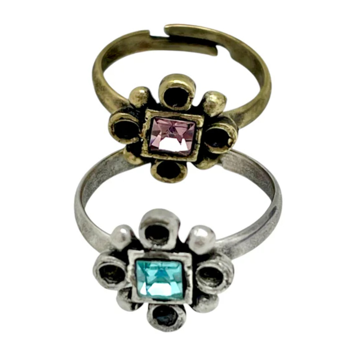 Conjunto de anillos mix cristal SW rosa-azul