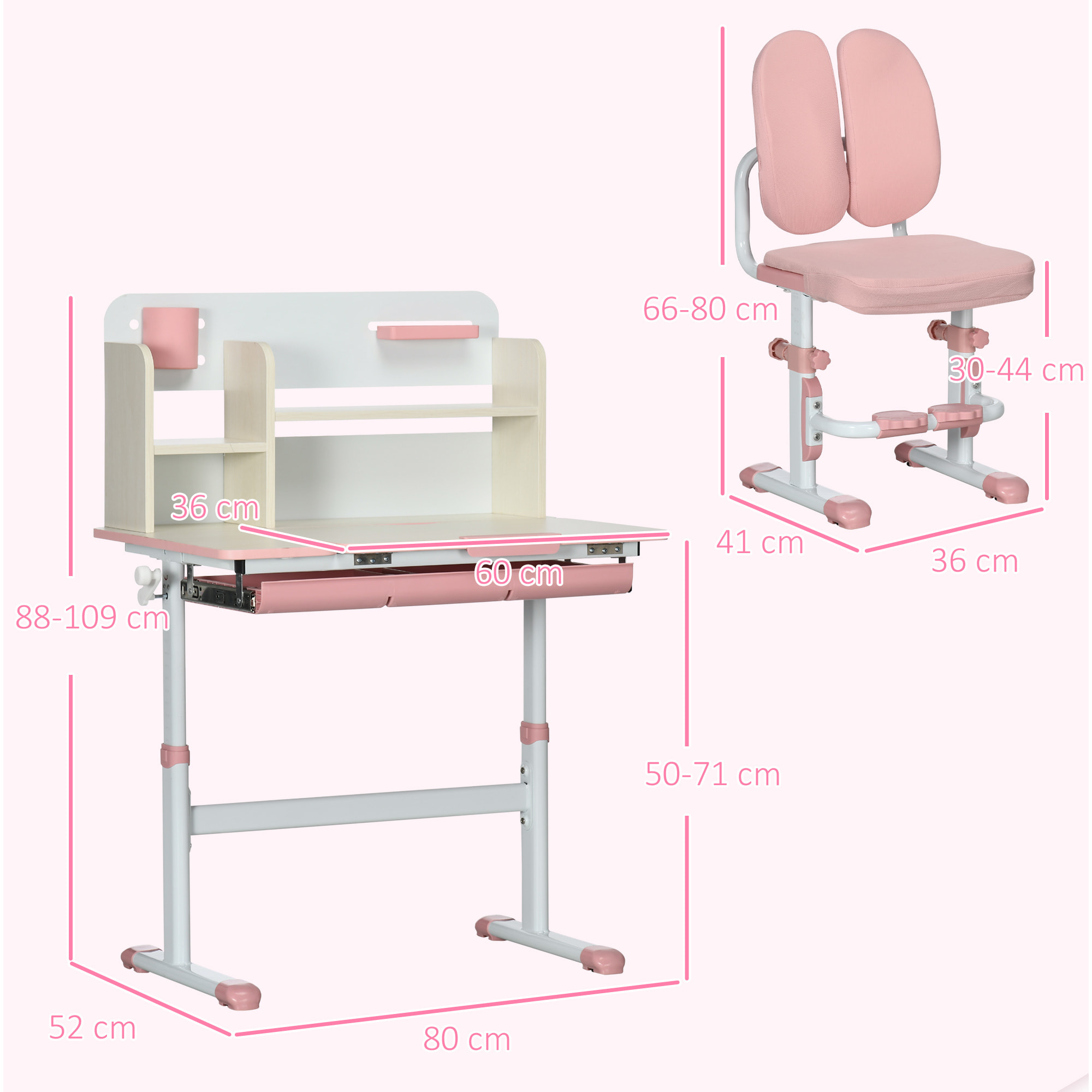 Ensemble bureau chaise enfant hauteur réglable plateau inclinable nombreux rangements blanc rose effet bois clair
