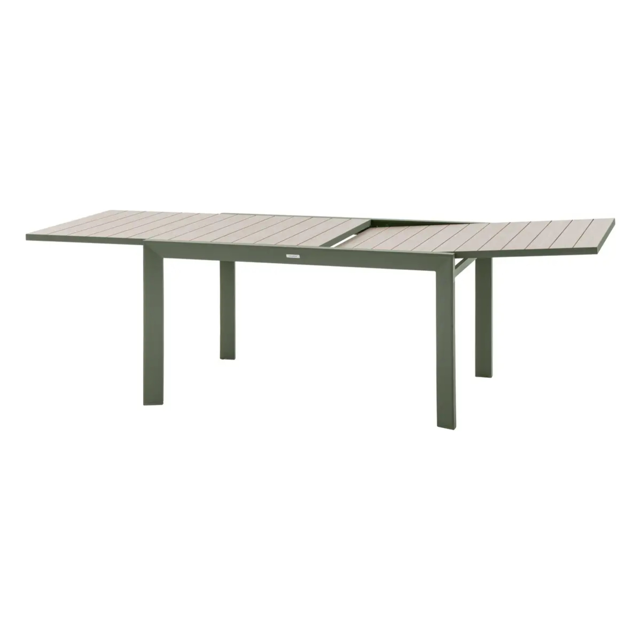 Table de jardin extensible coulissante "Évasion" effet bois lin & vert laurier 10 places lates en aluminium
