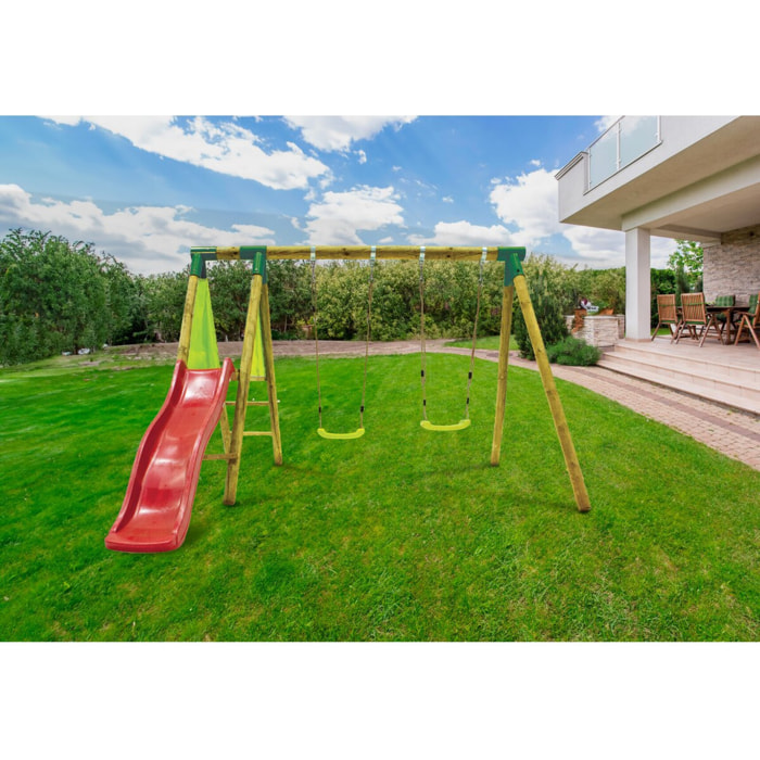 Portique en bois "Balanga" - Avec 1 Toboggan et 2 Balançoires.