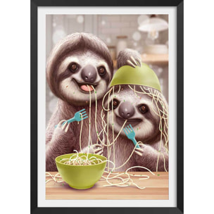 Affiche enfant jeune paresseux et spaghetti  Affiche + cadre en bois - Noir