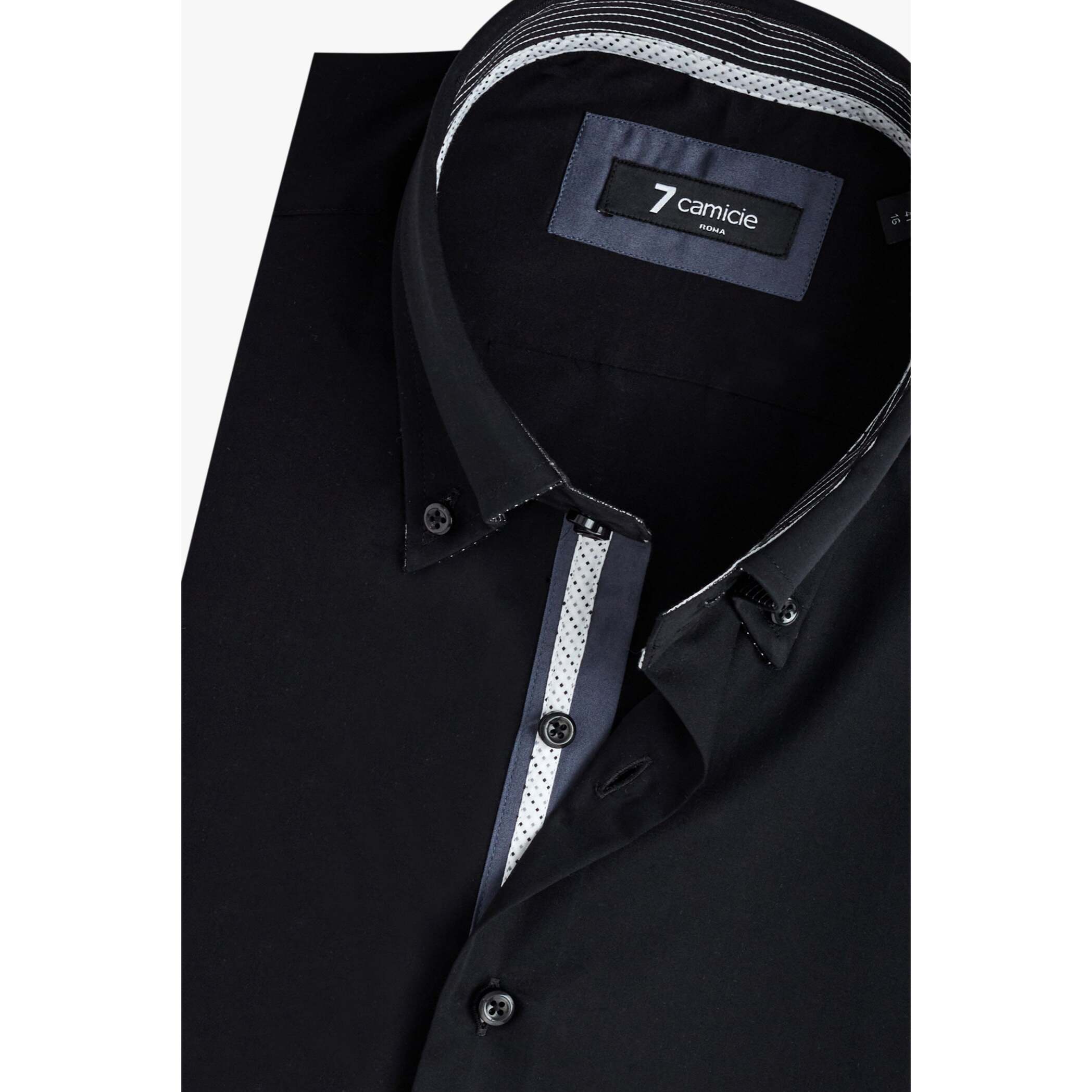 Camicia Uomo 2 Bottoni Button Down Slim Satin Unito Nero