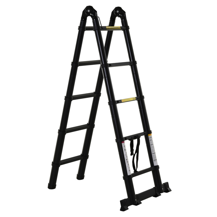 Escalera Telescópica Plagable Multifuncional Estable Marco en A Portátil de 10 Pasos 3 Formas Soporta 150 kg Aluminio 320x67x7 cm Negro