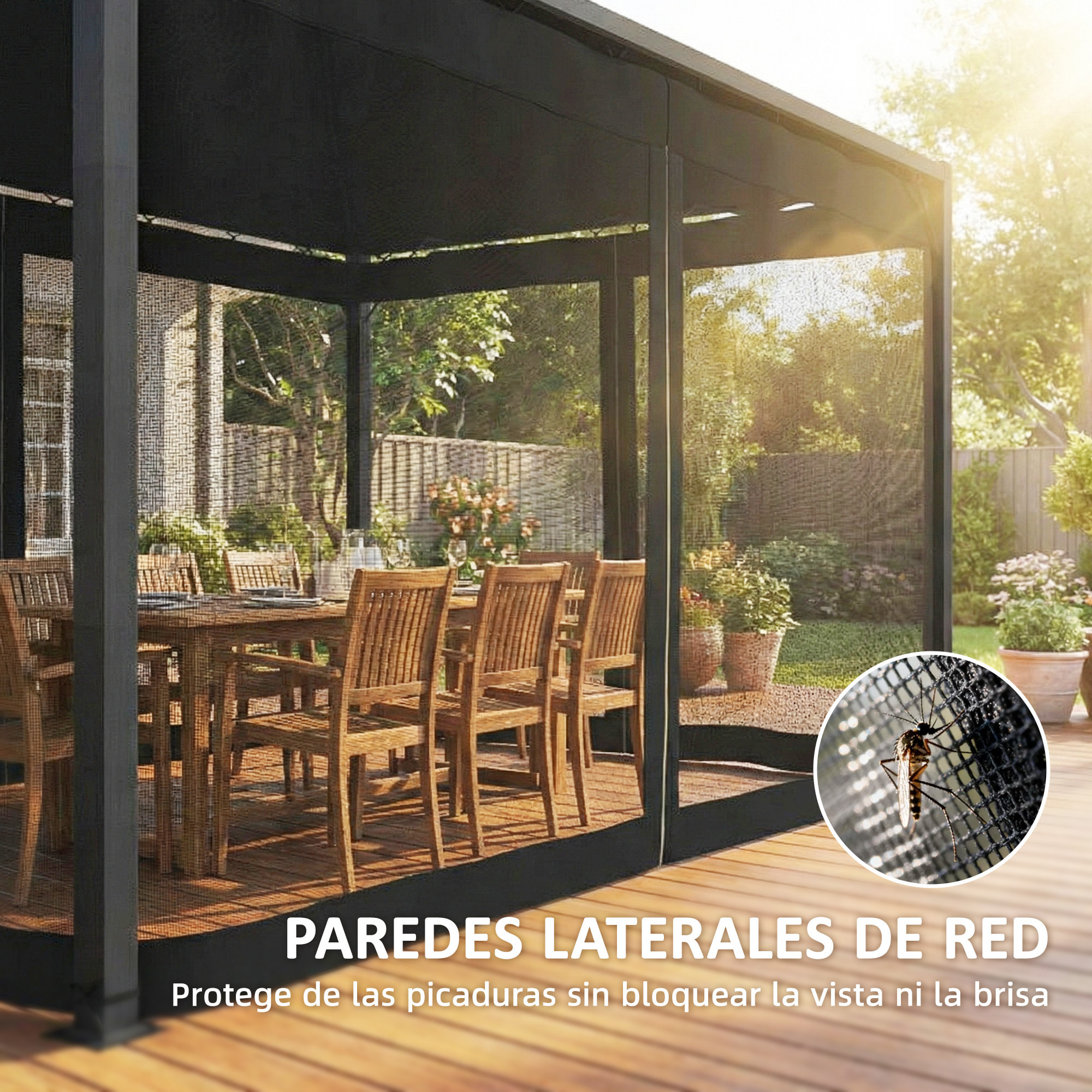 Pérgola de Jardín 3x4 m con Techo Retráctil y 4 Paredes Laterales de Malla, Cenador de Jardín con Estructura de Aluminio, UPF30+, Pabellón para Exterior, Patio, Terraza, Gris Oscuro