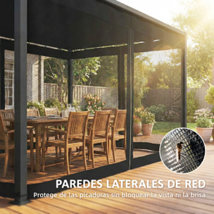 Pérgola de Jardín 3x4 m con Techo Retráctil y 4 Paredes Laterales de Malla, Cenador de Jardín con Estructura de Aluminio, UPF30+, Pabellón para Exterior, Patio, Terraza, Gris Oscuro